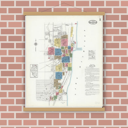 Old map wall art mockup — magnetic wood frame on brick wall — Sanborn Fire Insurance Map from Waukegan, Lake County, Illinois (1917), Sheet #0001