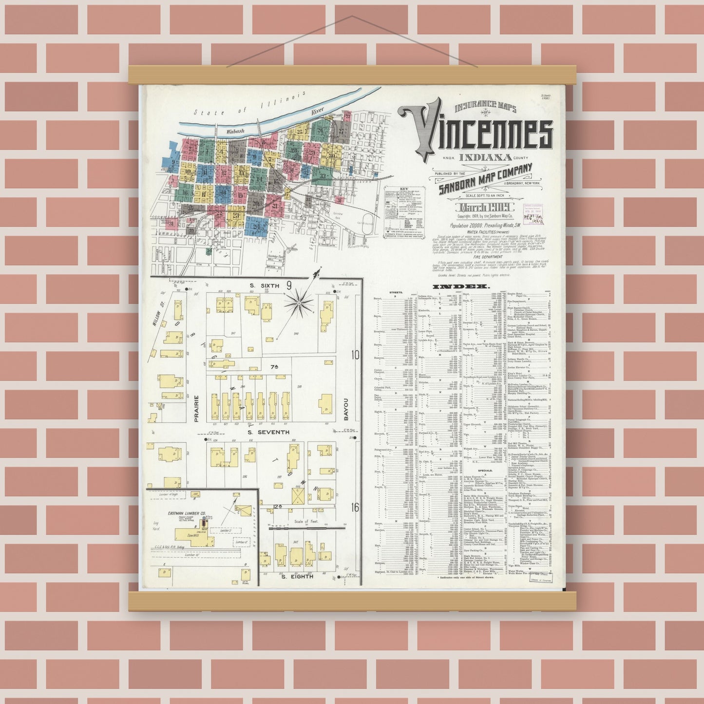 Old map wall art mockup — magnetic wood frame on brick wall — Sanborn Fire Insurance Map from Vincennes, Knox County, Indiana (1909) - Complete Map Set