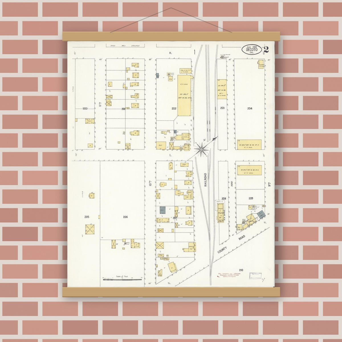 Old map wall art mockup — magnetic wood frame on brick wall — Sanborn Fire Insurance Map from Decota, Alameda County, California (1908), Sheet #0002
