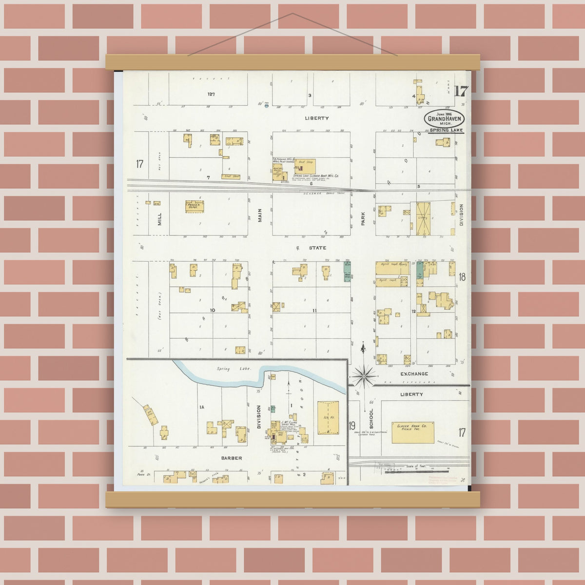 Old map wall art mockup — magnetic wood frame on brick wall — Sanborn Fire Insurance Map from Grand Haven, Ottawa County, Michigan (1906), Sheet #0017