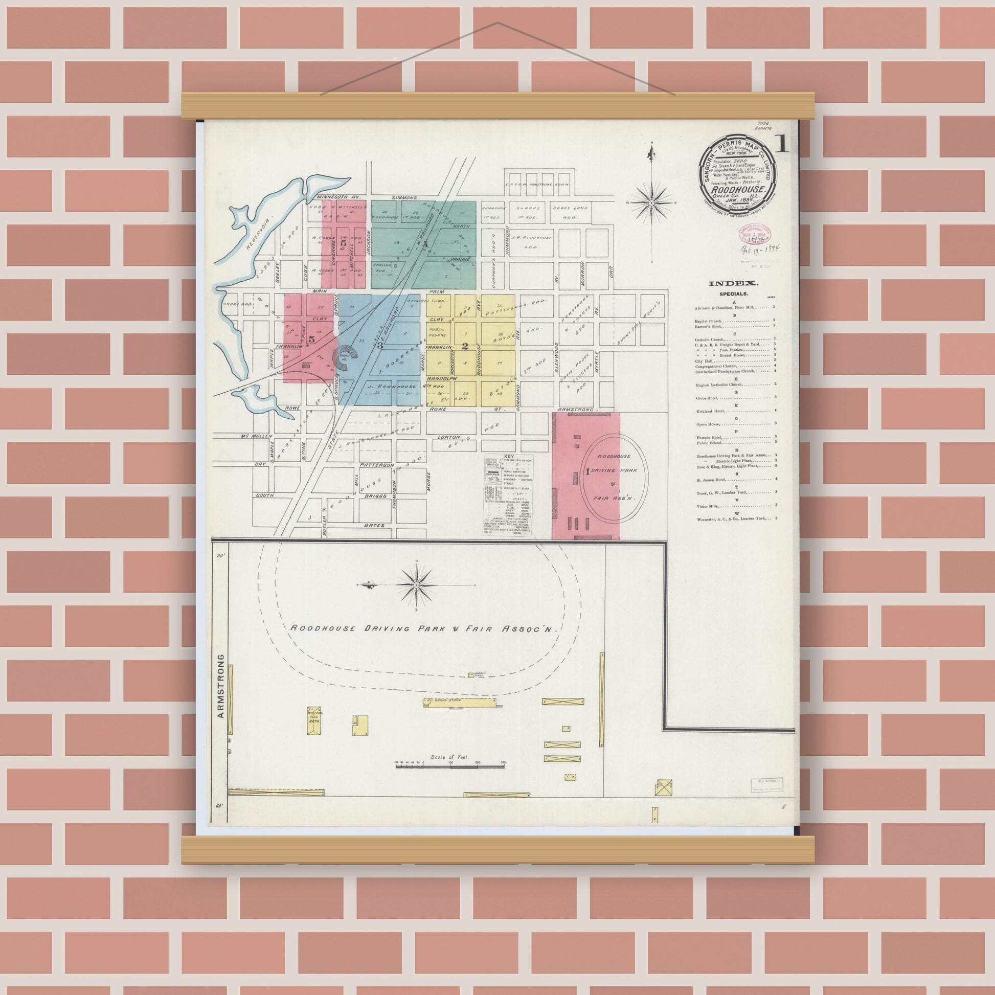 Old map wall art mockup — magnetic wood frame on brick wall — Sanborn Fire Insurance Map from Roodhouse, Greene County, Illinois (1894) - Complete Map Set
