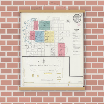 Old map wall art mockup — magnetic wood frame on brick wall — Sanborn Fire Insurance Map from Roodhouse, Greene County, Illinois (1894) - Complete Map Set