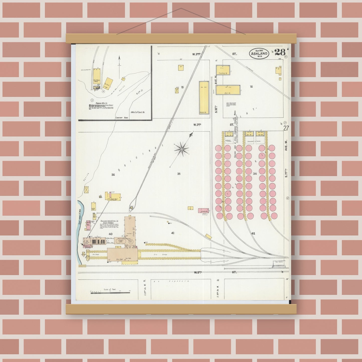 Old map wall art mockup — magnetic wood frame on brick wall — Sanborn Fire Insurance Map from Ashland, Ashland County, Wisconsin (1901), Sheet #0028