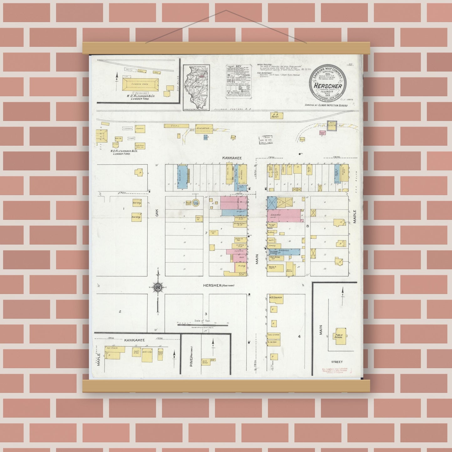 Old map wall art mockup — magnetic wood frame on brick wall — Sanborn Fire Insurance Map from Herscher, Kankakee County, Illinois (1919), Sheet #0001
