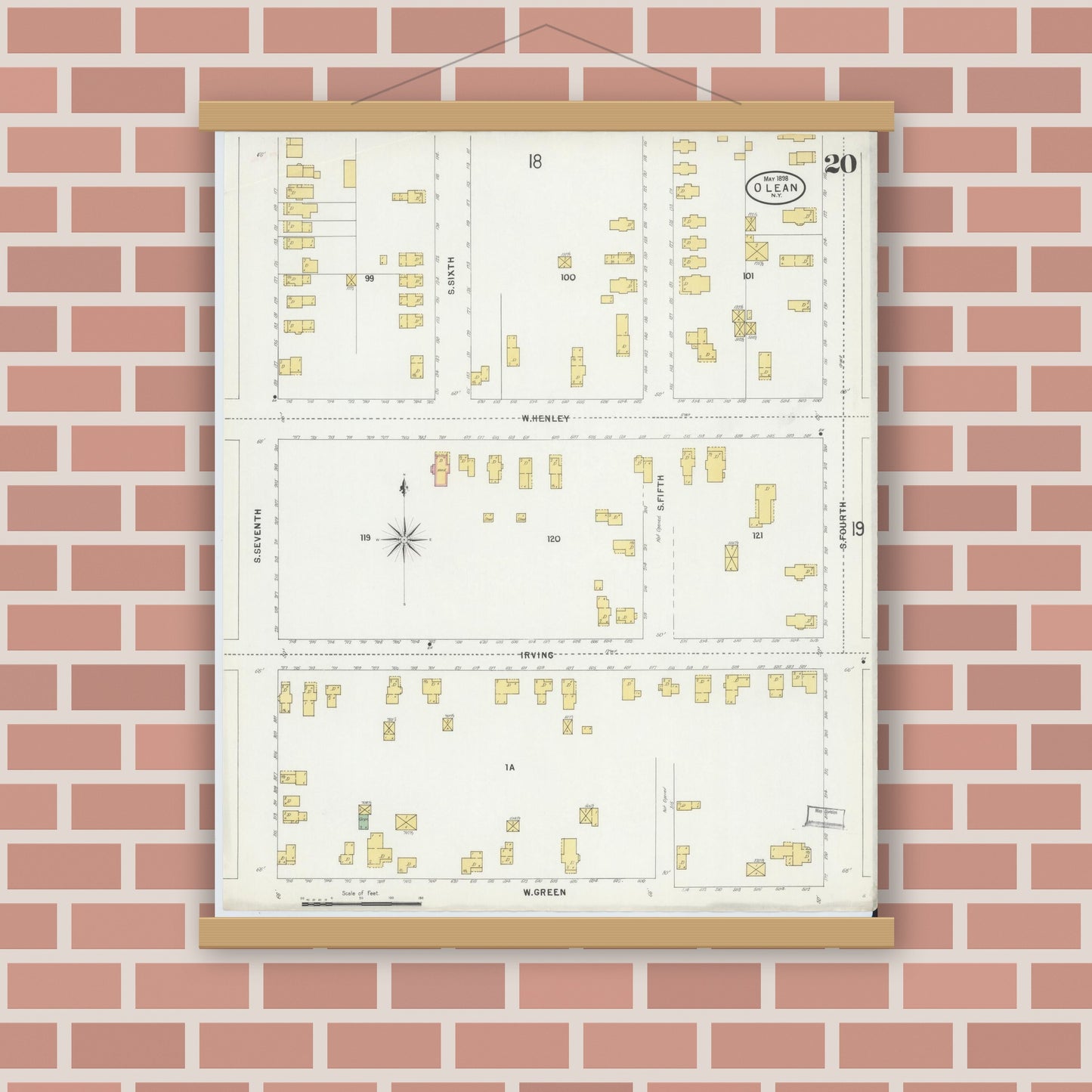 Old map wall art mockup — magnetic wood frame on brick wall — Sanborn Fire Insurance Map from Olean, Cattaraugus County, New York (1898), Sheet #0020