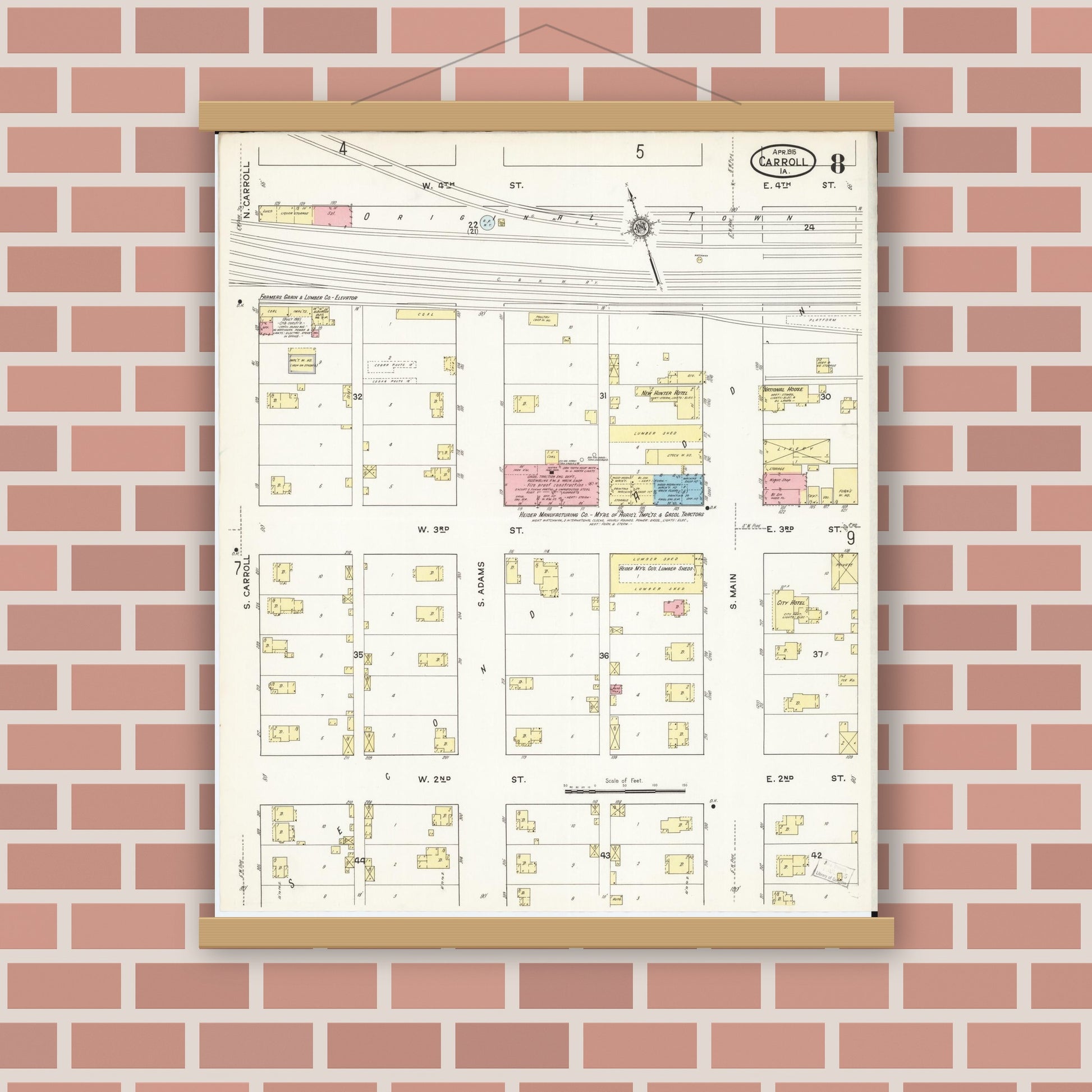 Old map wall art mockup — magnetic wood frame on brick wall — Sanborn Fire Insurance Map from Carroll, Carroll County, Iowa (1915), Sheet #0008