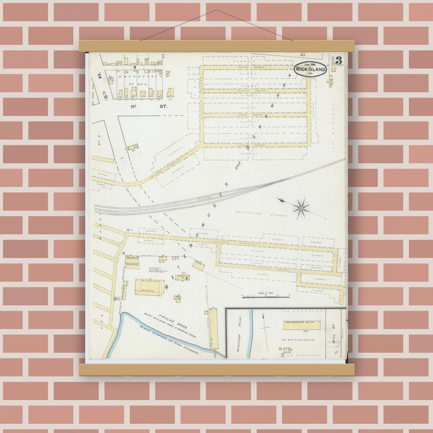 Old map wall art mockup — magnetic wood frame on brick wall — Sanborn Fire Insurance Map from Rock Island, Rock Island County, Illinois (1892), Sheet #0003