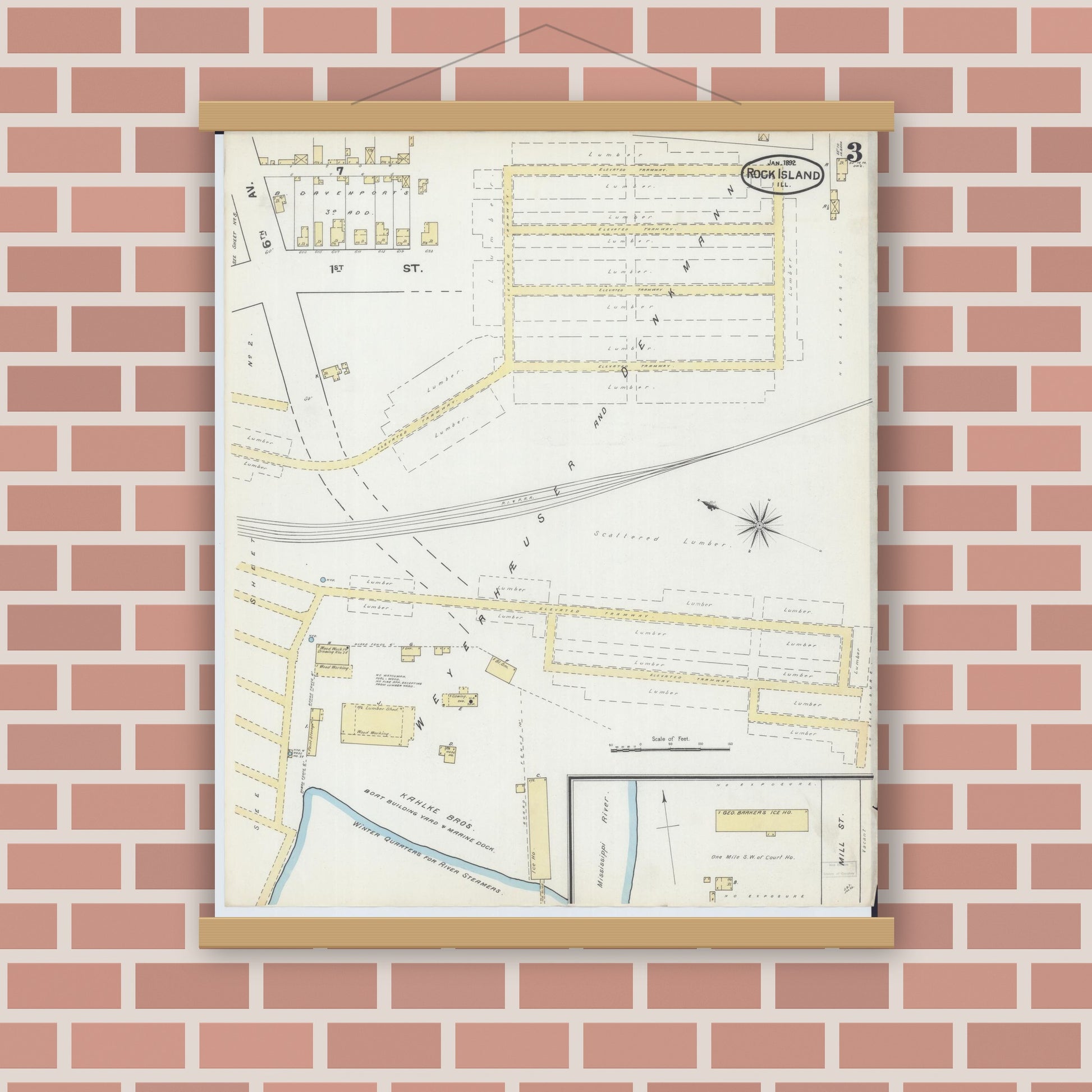 Old map wall art mockup — magnetic wood frame on brick wall — Sanborn Fire Insurance Map from Rock Island, Rock Island County, Illinois (1892), Sheet #0003