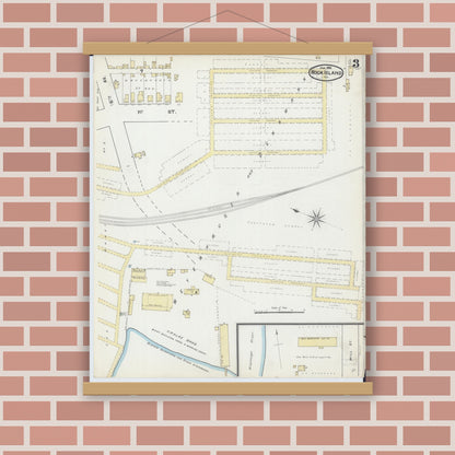 Old map wall art mockup — magnetic wood frame on brick wall — Sanborn Fire Insurance Map from Rock Island, Rock Island County, Illinois (1892), Sheet #0003