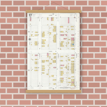 Old map wall art mockup — magnetic wood frame on brick wall — Sanborn Fire Insurance Map from Chicago, Cook County, Illinois (1920), Sheet #0057