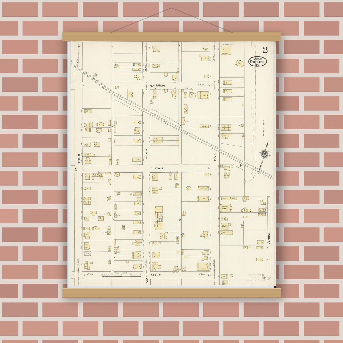 Old map wall art mockup — magnetic wood frame on brick wall — Sanborn Fire Insurance Map from Dupont, Luzerne County, Pennsylvania (1914), Sheet #0002