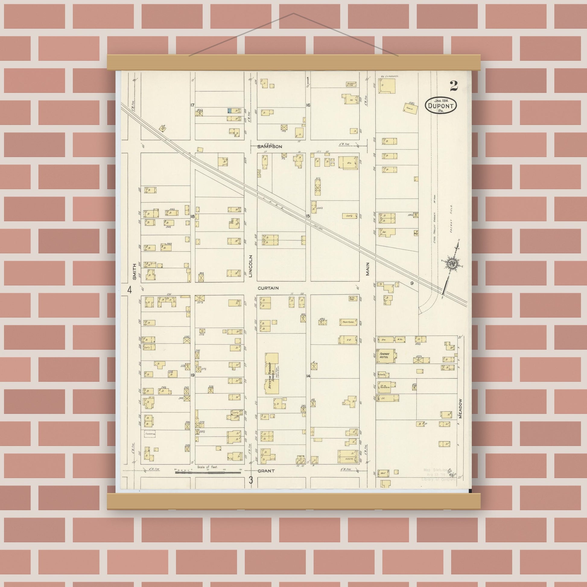 Old map wall art mockup — magnetic wood frame on brick wall — Sanborn Fire Insurance Map from Dupont, Luzerne County, Pennsylvania (1914), Sheet #0002