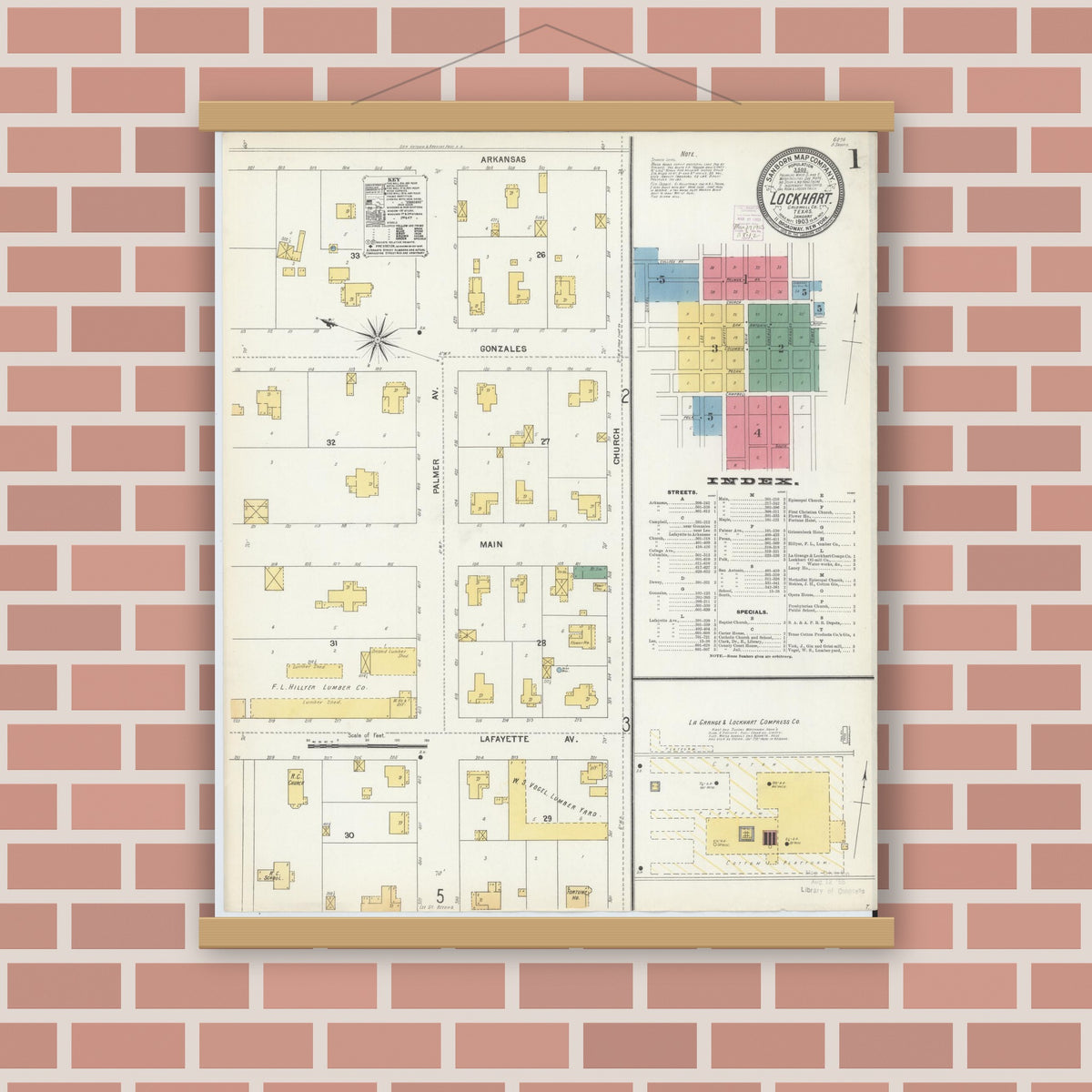 Old map wall art mockup — magnetic wood frame on brick wall — Sanborn Fire Insurance Map from Lockhart, Caldwell County, Texas (1903), Sheet #0001