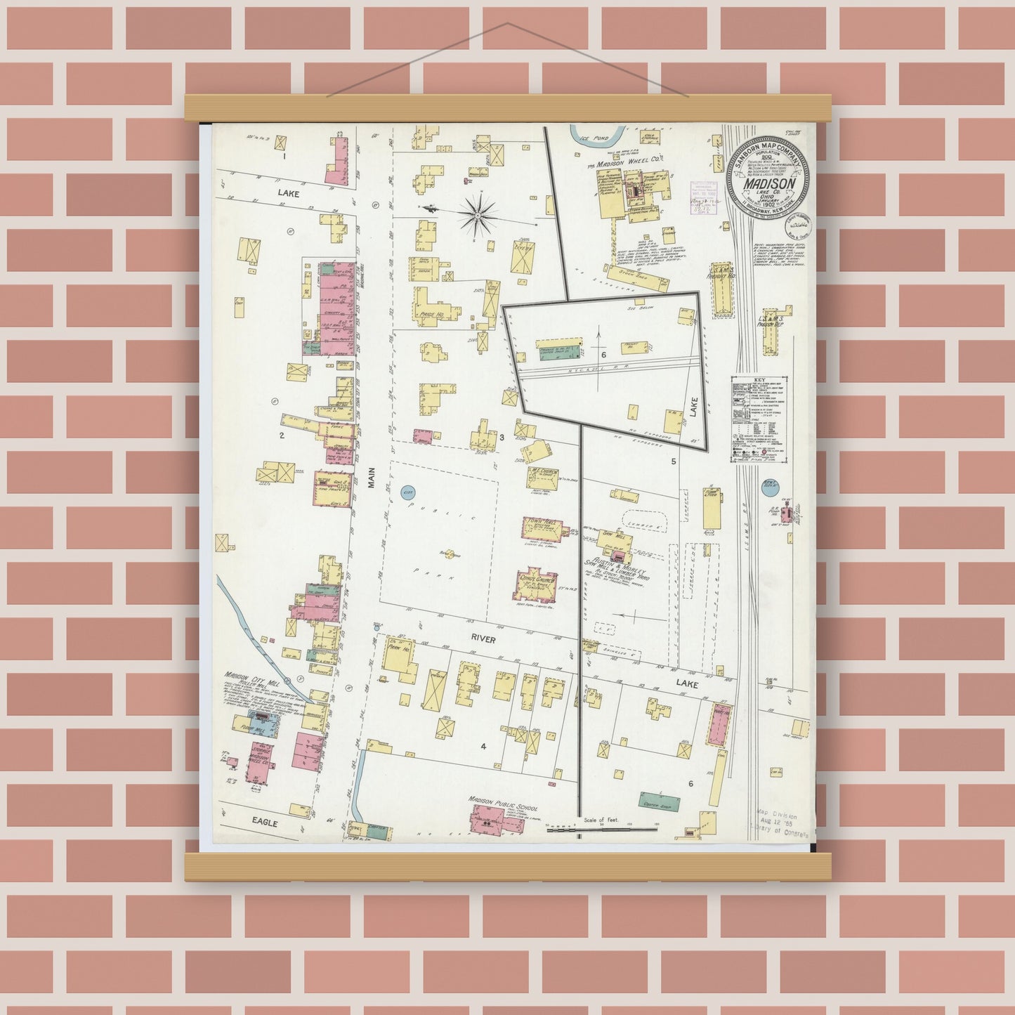 Old map wall art mockup — magnetic wood frame on brick wall — Sanborn Fire Insurance Map from Madison, Lake County, Ohio (1902), Sheet #0001