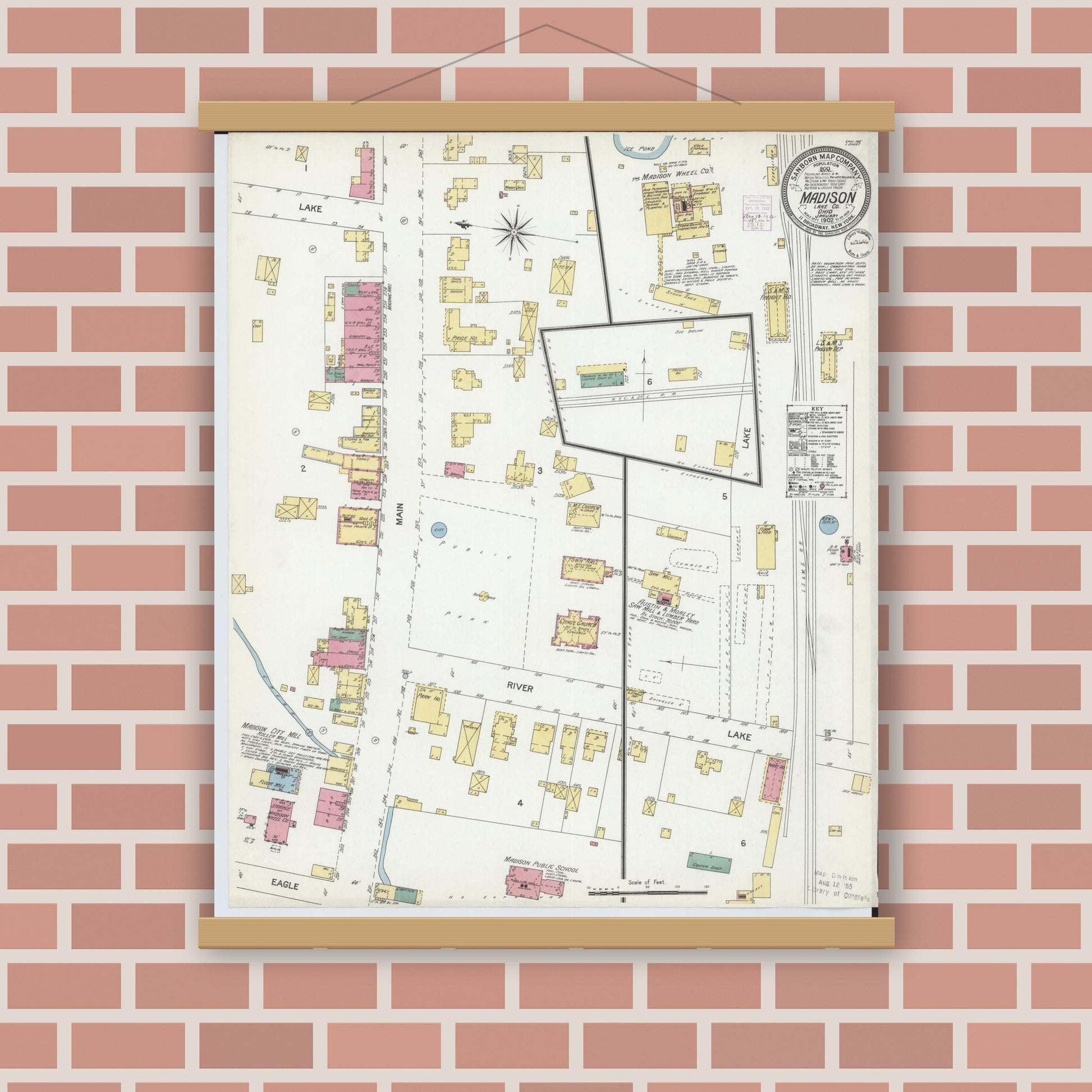 Old map wall art mockup — magnetic wood frame on brick wall — Sanborn Fire Insurance Map from Madison, Lake County, Ohio (1902), Sheet #0001