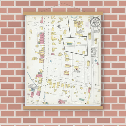 Old map wall art mockup — magnetic wood frame on brick wall — Sanborn Fire Insurance Map from Madison, Lake County, Ohio (1902), Sheet #0001