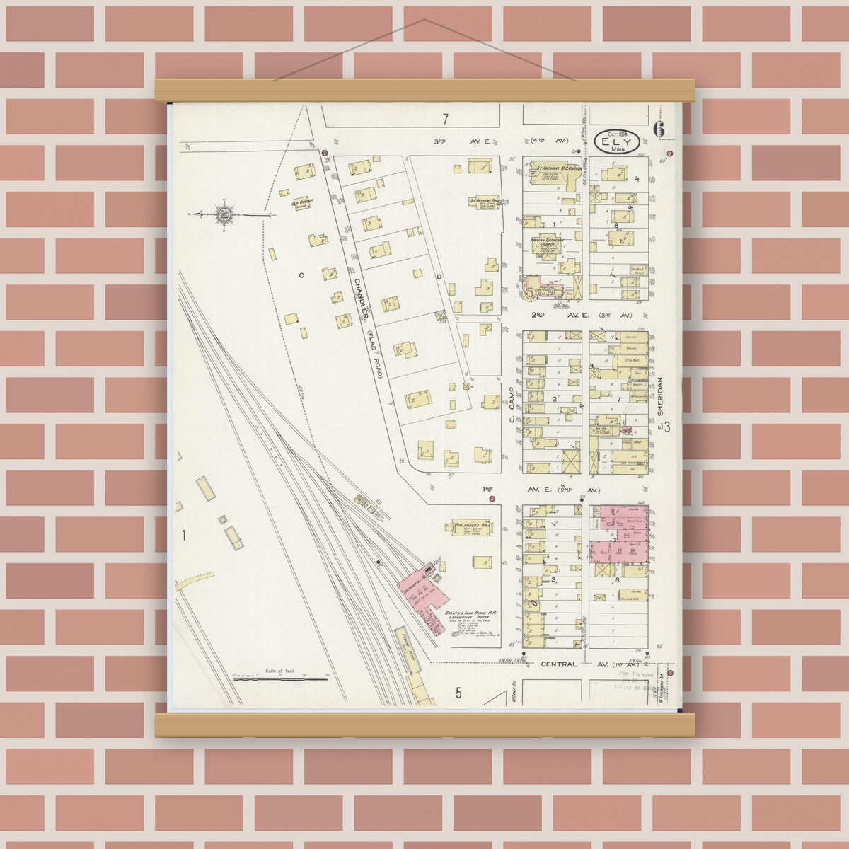 Old map wall art mockup — magnetic wood frame on brick wall — Sanborn Fire Insurance Map from Ely, Saint Louis County, Minnesota (1914), Sheet #0006