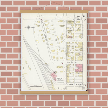 Old map wall art mockup — magnetic wood frame on brick wall — Sanborn Fire Insurance Map from Ely, Saint Louis County, Minnesota (1914), Sheet #0006