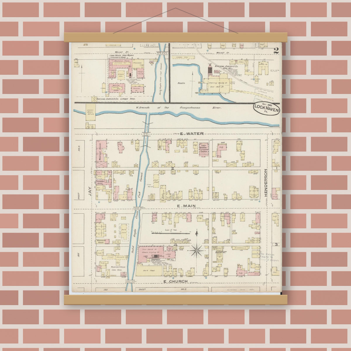 Old map wall art mockup — magnetic wood frame on brick wall — Sanborn Fire Insurance Map from Lock Haven, Clinton County, Pennsylvania (1885), Sheet #0002