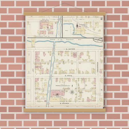Old map wall art mockup — magnetic wood frame on brick wall — Sanborn Fire Insurance Map from Lock Haven, Clinton County, Pennsylvania (1885), Sheet #0002