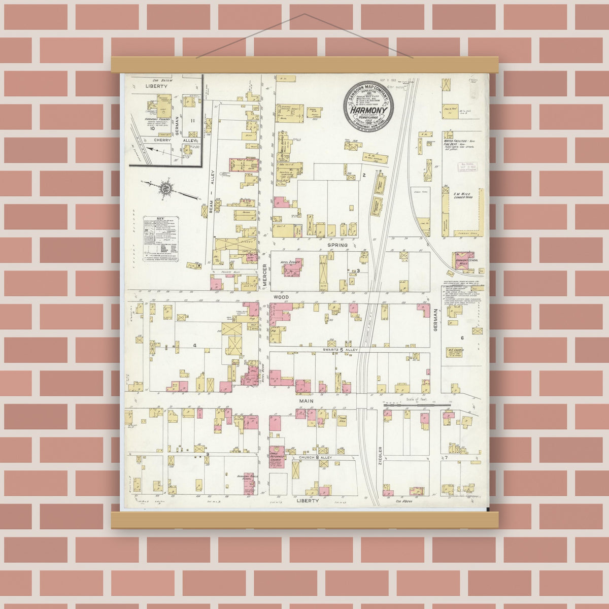 Old map wall art mockup — magnetic wood frame on brick wall — Sanborn Fire Insurance Map from Harmony, Butler County, Pennsylvania (1912), Sheet #0001