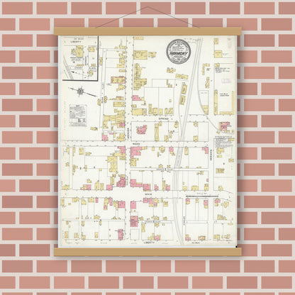 Old map wall art mockup — magnetic wood frame on brick wall — Sanborn Fire Insurance Map from Harmony, Butler County, Pennsylvania (1912), Sheet #0001