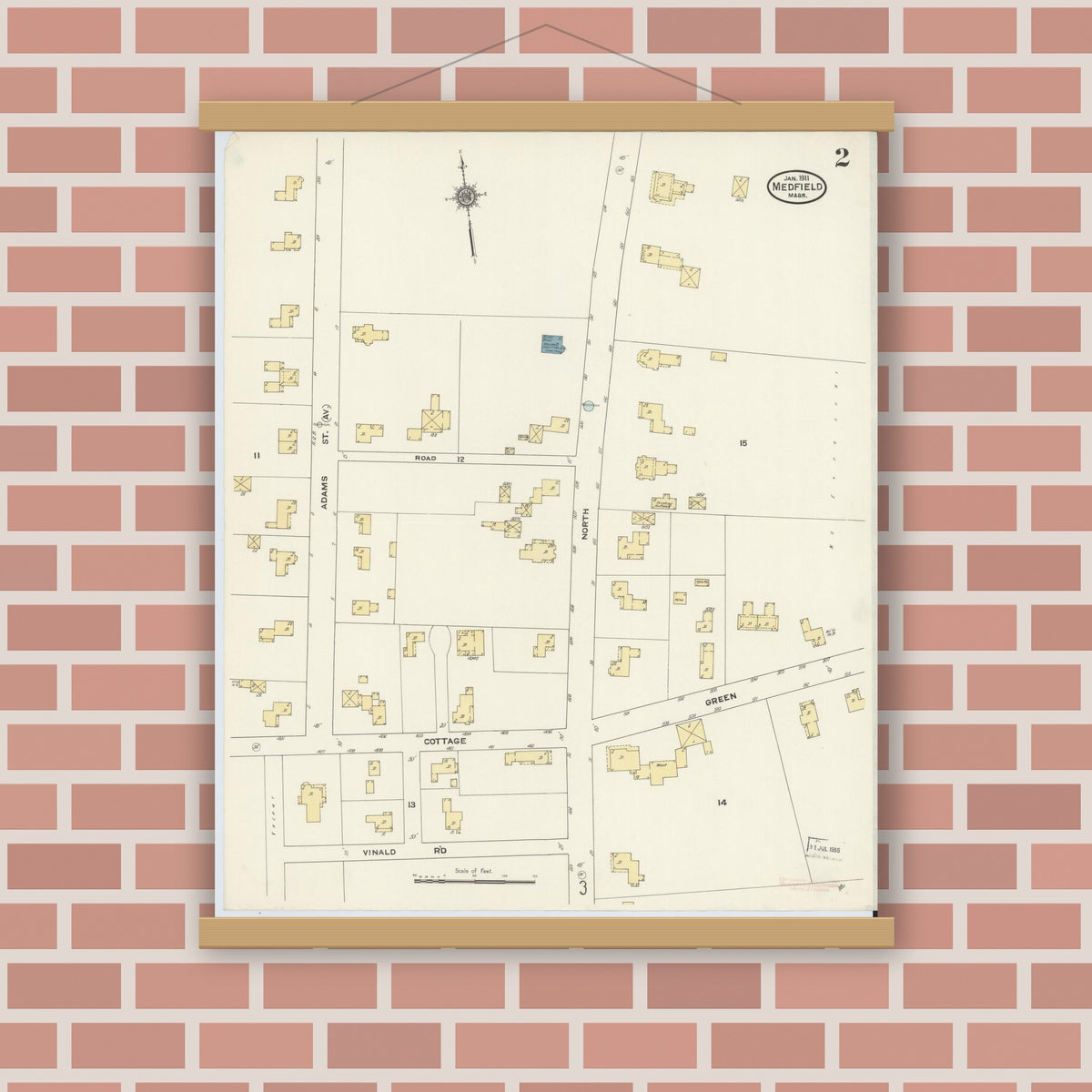 Old map wall art mockup — magnetic wood frame on brick wall — Sanborn Fire Insurance Map from Medfield, Norfolk County, Massachusetts (1911), Sheet #0002
