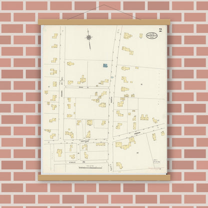 Old map wall art mockup — magnetic wood frame on brick wall — Sanborn Fire Insurance Map from Medfield, Norfolk County, Massachusetts (1911), Sheet #0002