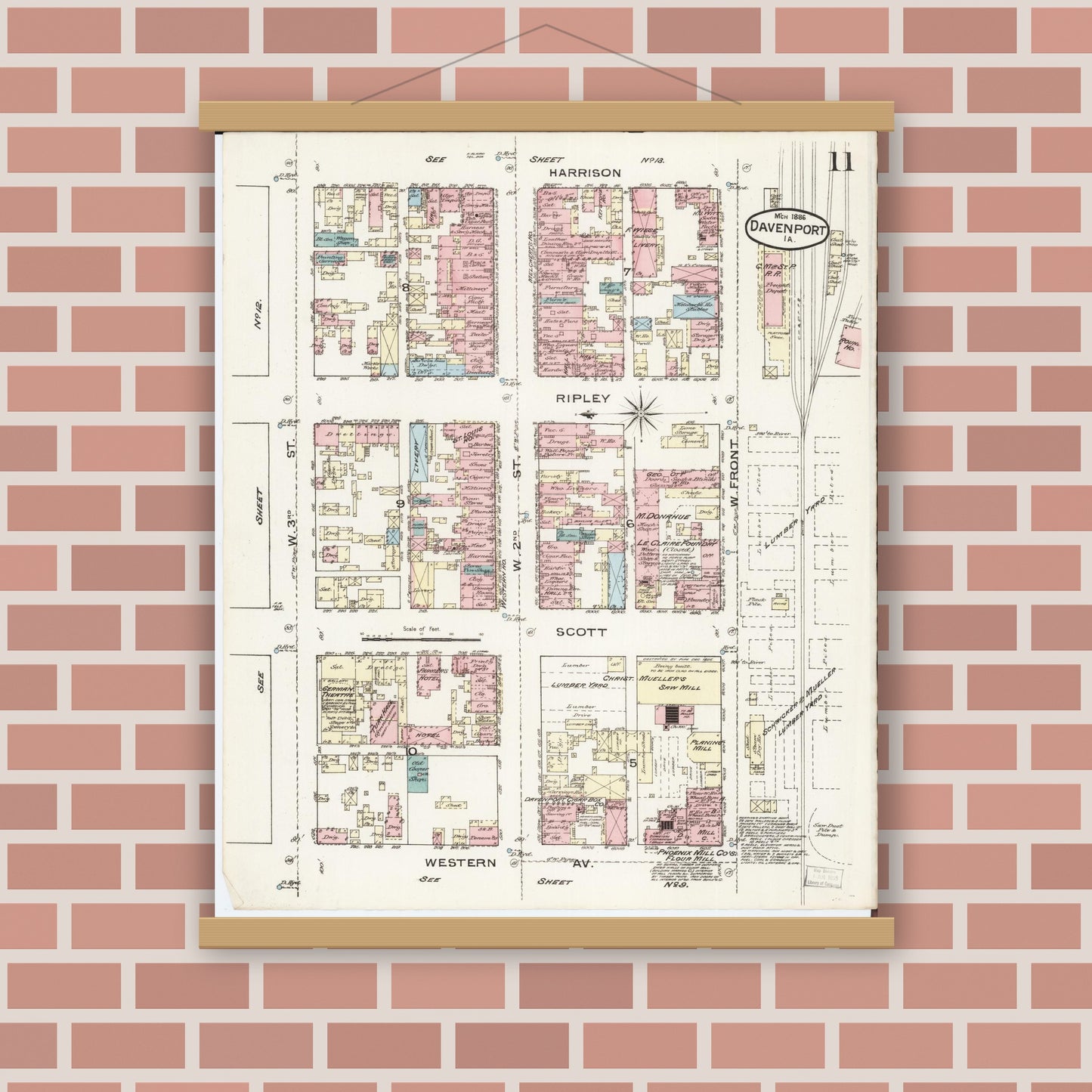 Old map wall art mockup — magnetic wood frame on brick wall — Sanborn Fire Insurance Map from Davenport, Scott County, Iowa (1886), Sheet #0011