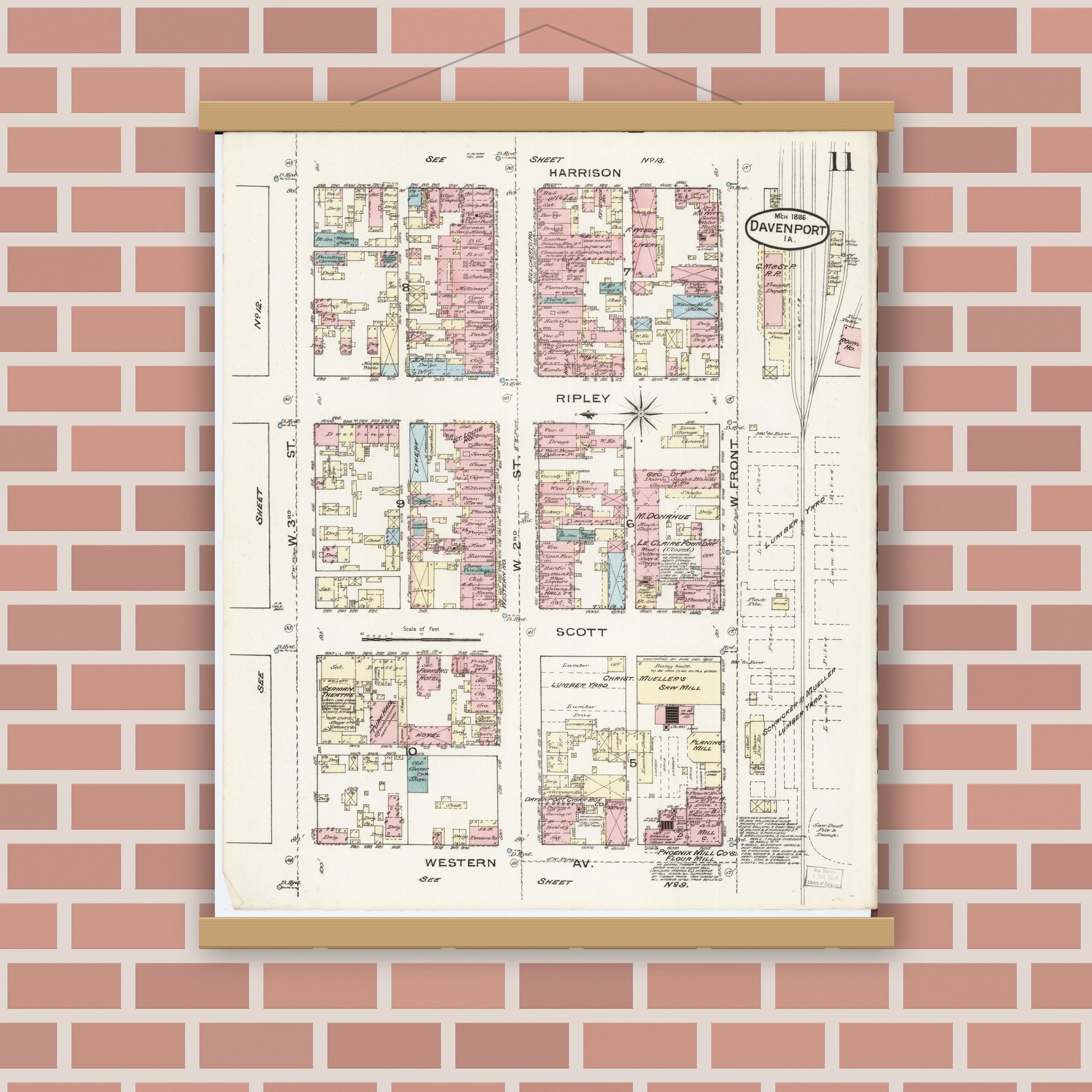 Old map wall art mockup — magnetic wood frame on brick wall — Sanborn Fire Insurance Map from Davenport, Scott County, Iowa (1886), Sheet #0011