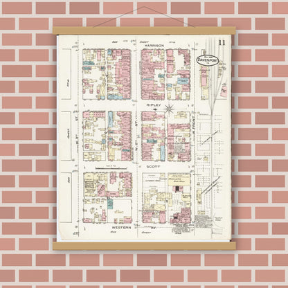 Old map wall art mockup — magnetic wood frame on brick wall — Sanborn Fire Insurance Map from Davenport, Scott County, Iowa (1886), Sheet #0011