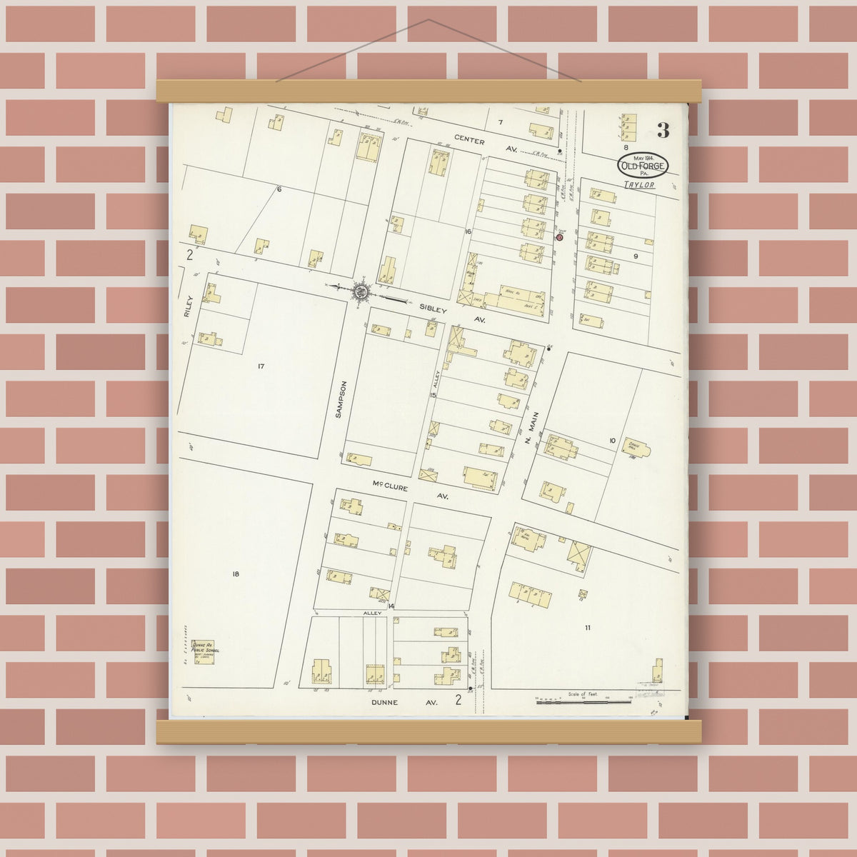 Old map wall art mockup — magnetic wood frame on brick wall — Sanborn Fire Insurance Map from Old Forge, Lackawanna County, Pennsylvania (1914), Sheet #0003