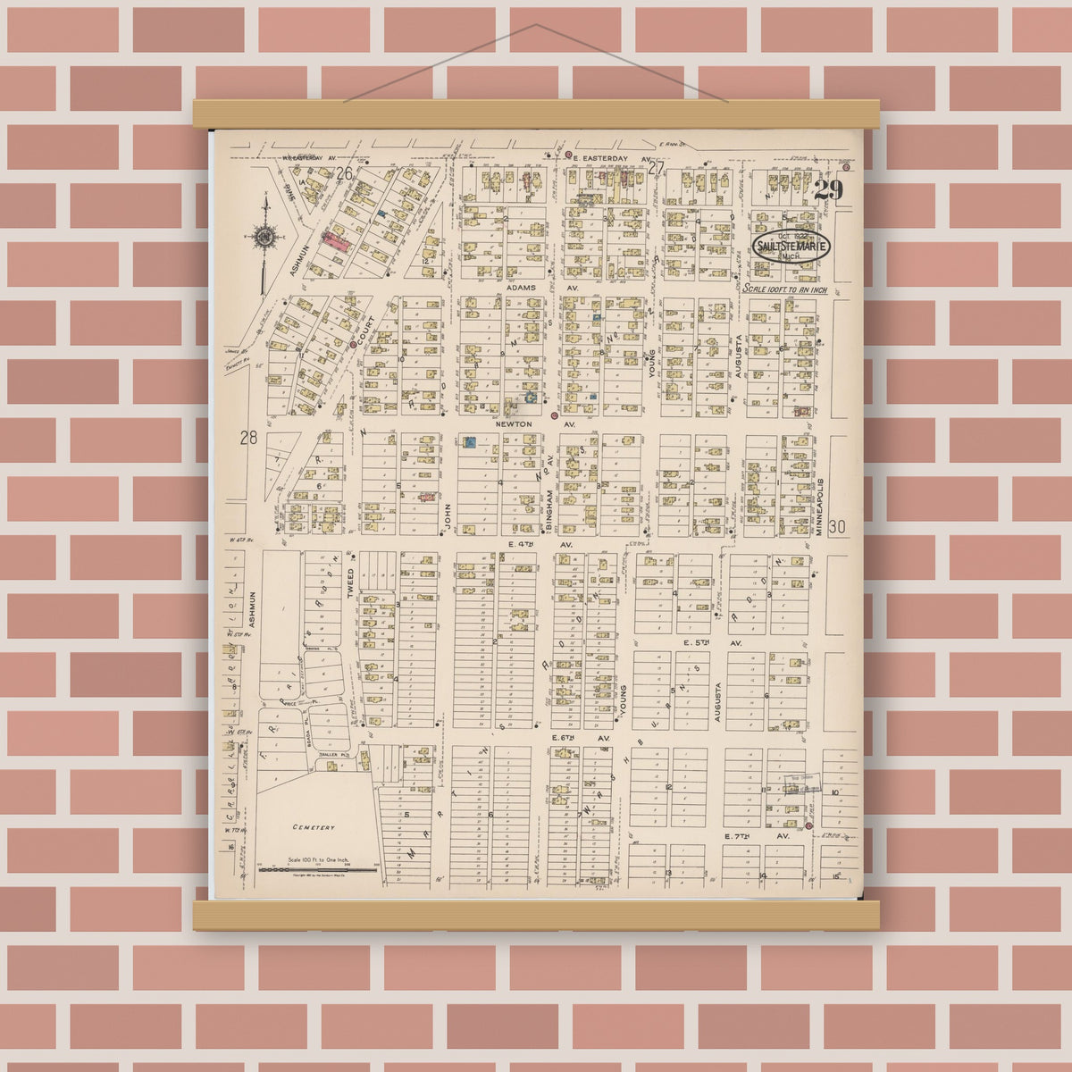 Old map wall art mockup — magnetic wood frame on brick wall — Sanborn Fire Insurance Map from Sault Sainte Marie, Chippewa County, Michigan (1922), Sheet #0029