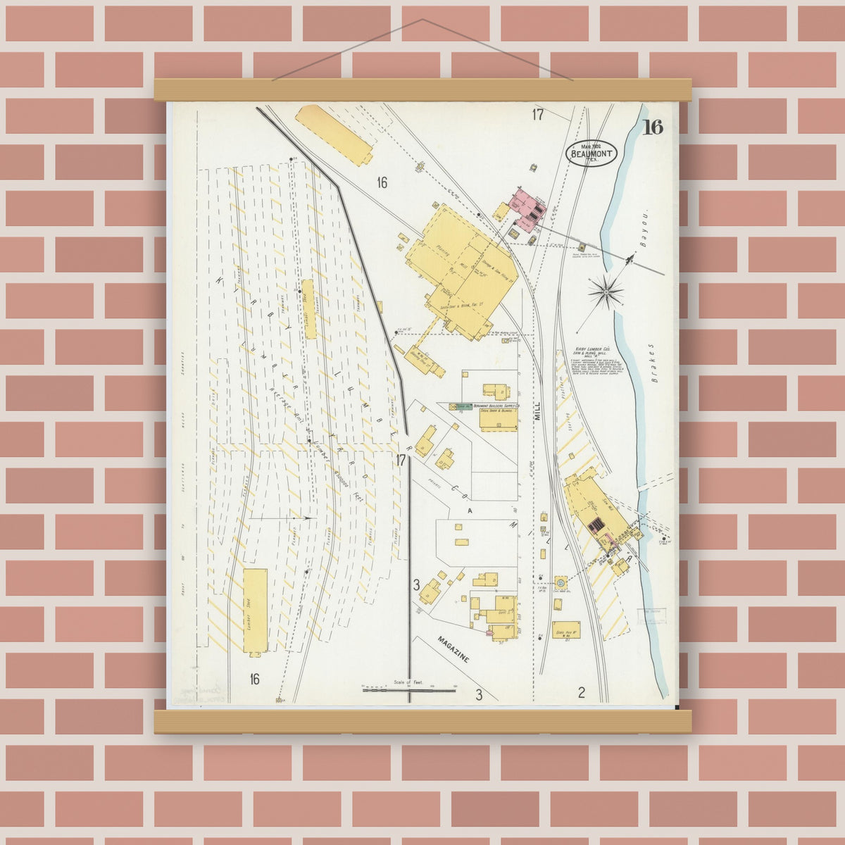 Old map wall art mockup — magnetic wood frame on brick wall — Sanborn Fire Insurance Map from Beaumont, Jefferson County, Texas (1902), Sheet #0016