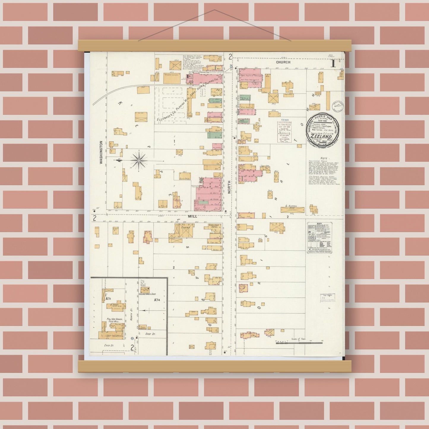 Old map wall art mockup — magnetic wood frame on brick wall — Sanborn Fire Insurance Map from Zeeland, Ottawa County, Michigan (1900), Sheet #0001