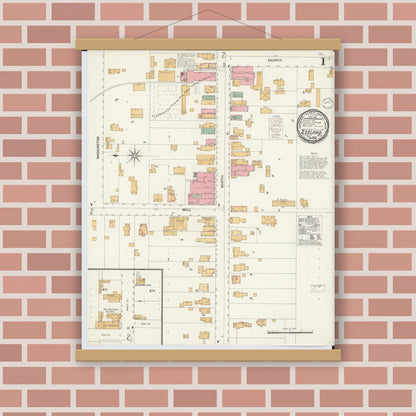 Old map wall art mockup — magnetic wood frame on brick wall — Sanborn Fire Insurance Map from Zeeland, Ottawa County, Michigan (1900), Sheet #0001