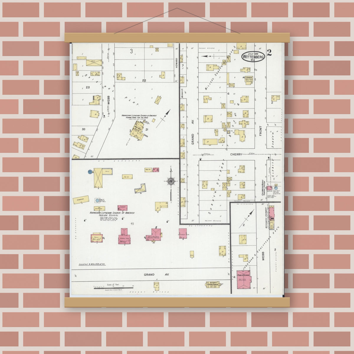 Old map wall art mockup — magnetic wood frame on brick wall — Sanborn Fire Insurance Map from Wittenberg, Shawano County, Wisconsin (1919), Sheet #0002