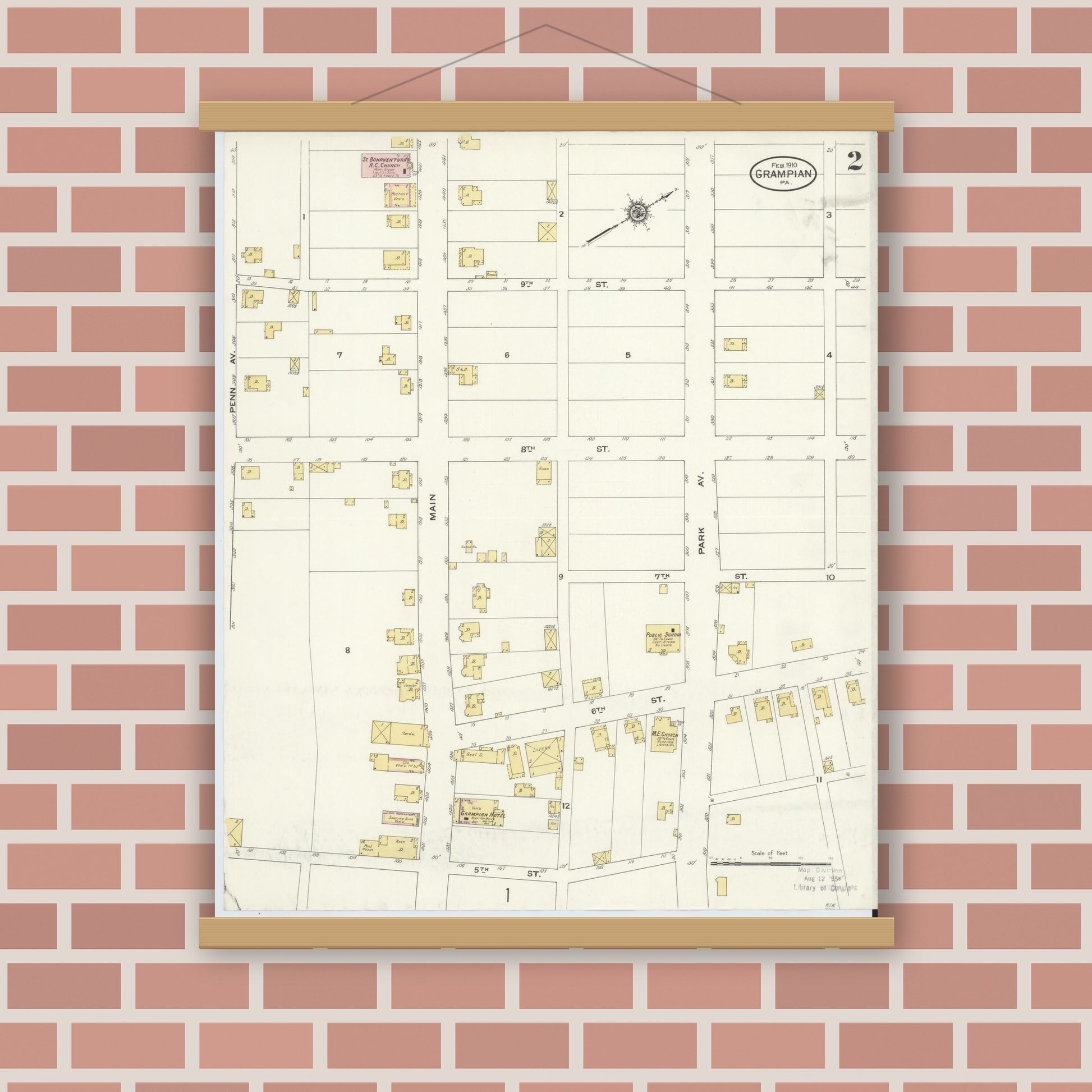 Old map wall art mockup — magnetic wood frame on brick wall — Sanborn Fire Insurance Map from Grampian, Clearfield County, Pennsylvania (1910), Sheet #0002