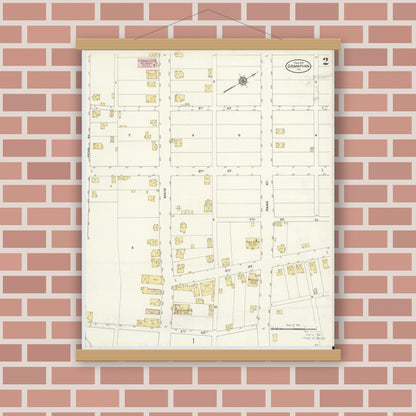 Old map wall art mockup — magnetic wood frame on brick wall — Sanborn Fire Insurance Map from Grampian, Clearfield County, Pennsylvania (1910), Sheet #0002