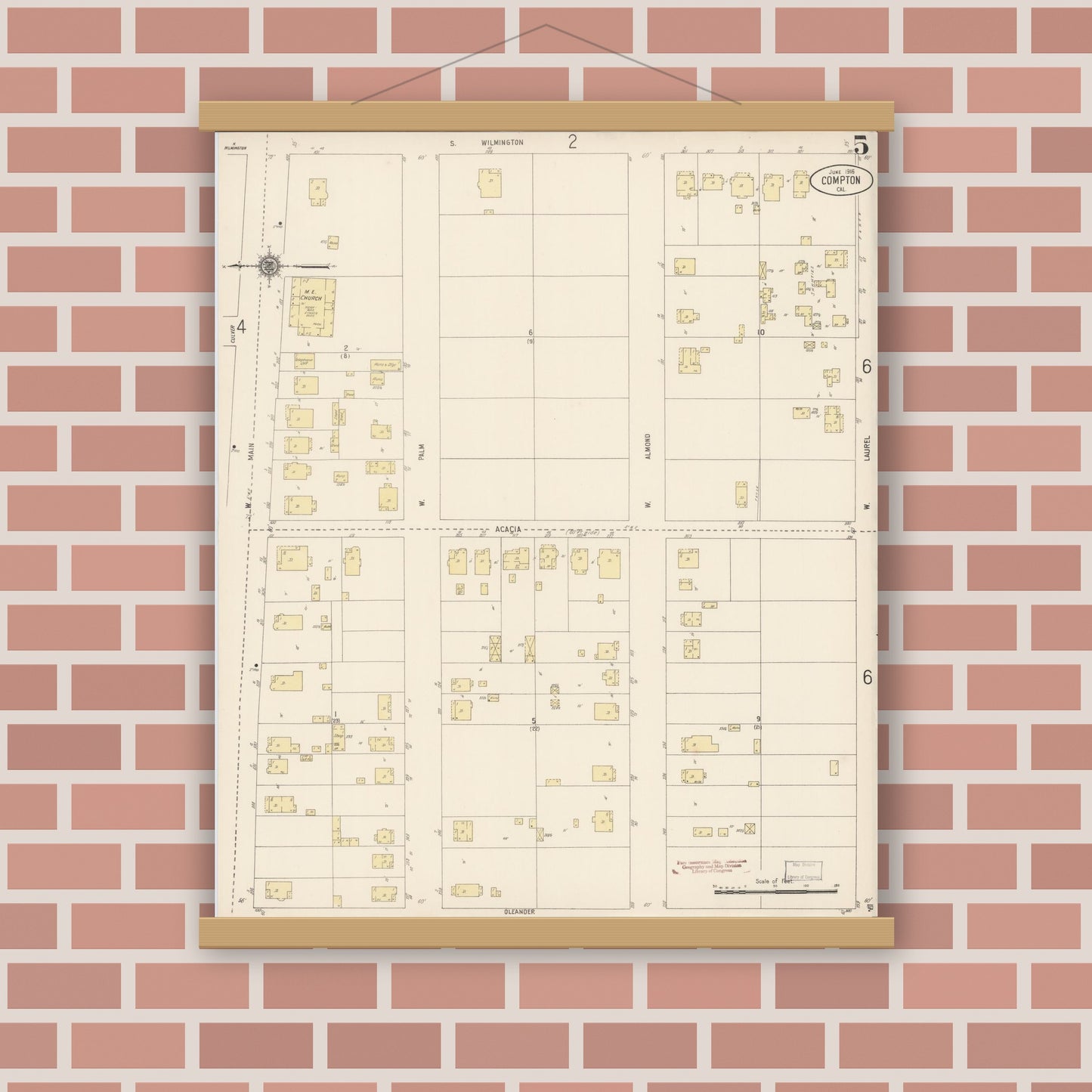 Old map wall art mockup — magnetic wood frame on brick wall — Sanborn Fire Insurance Map from Compton, Los Angeles County, California (1916), Sheet #0005