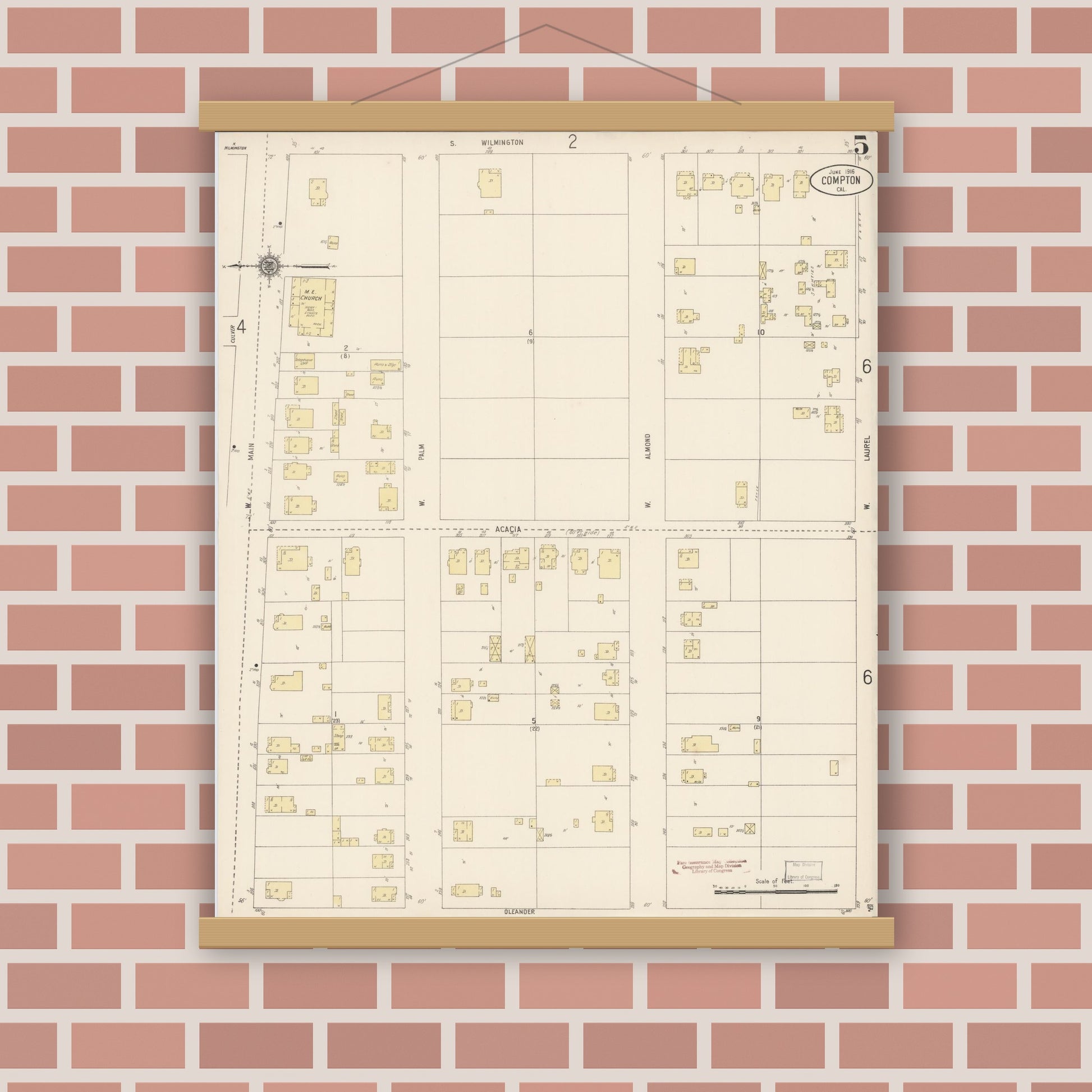 Old map wall art mockup — magnetic wood frame on brick wall — Sanborn Fire Insurance Map from Compton, Los Angeles County, California (1916), Sheet #0005