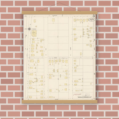 Old map wall art mockup — magnetic wood frame on brick wall — Sanborn Fire Insurance Map from Compton, Los Angeles County, California (1916), Sheet #0005