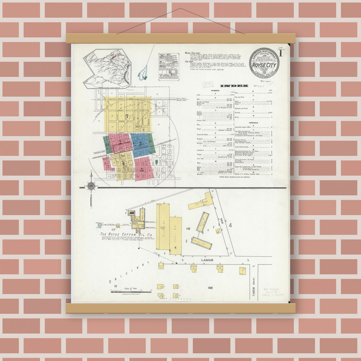 Old map wall art mockup — magnetic wood frame on brick wall — Sanborn Fire Insurance Map from Royse City, Rockwell County, Texas (1921), Sheet #0001