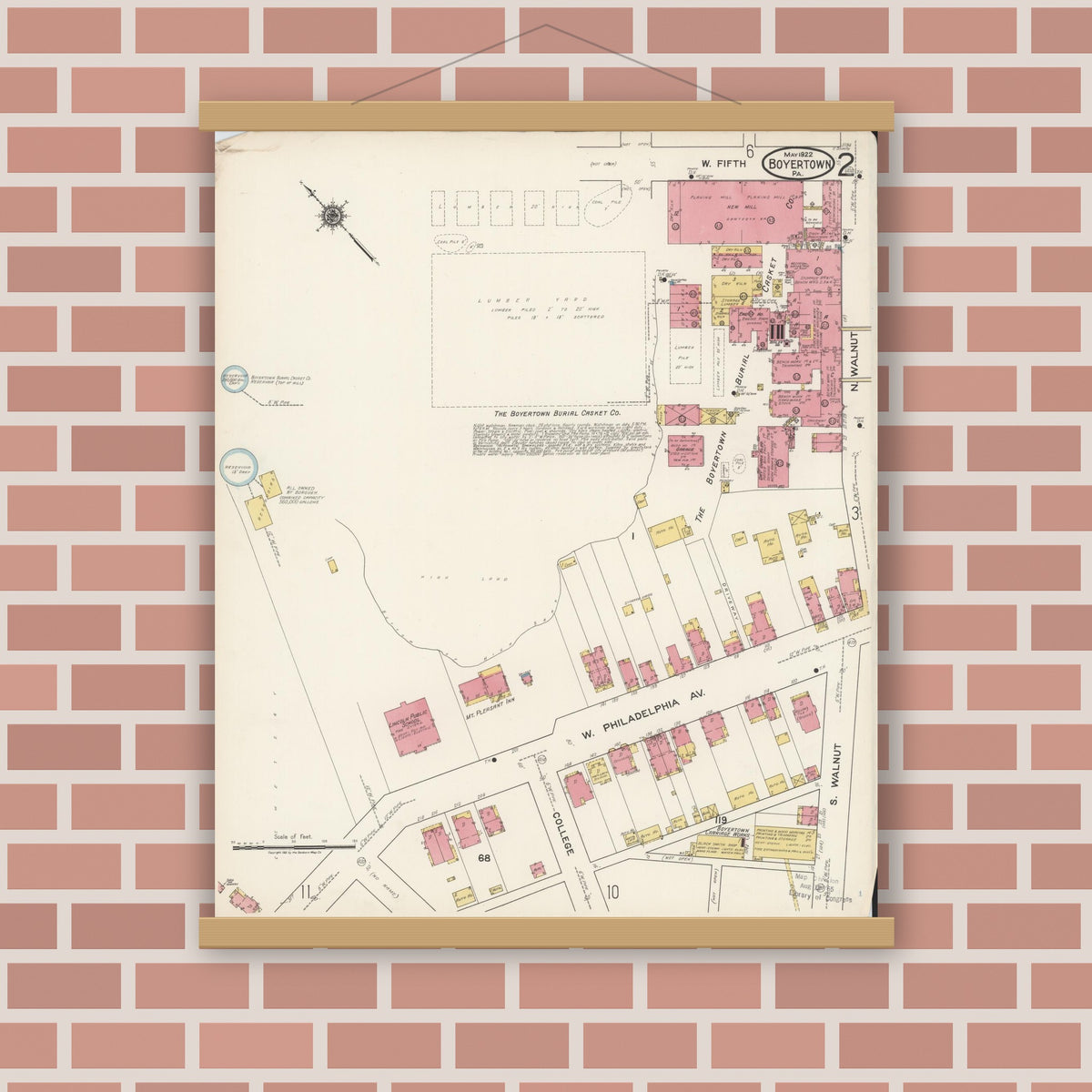 Old map wall art mockup — magnetic wood frame on brick wall — Sanborn Fire Insurance Map from Boyertown, Berks County, Pennsylvania (1922), Sheet #0002