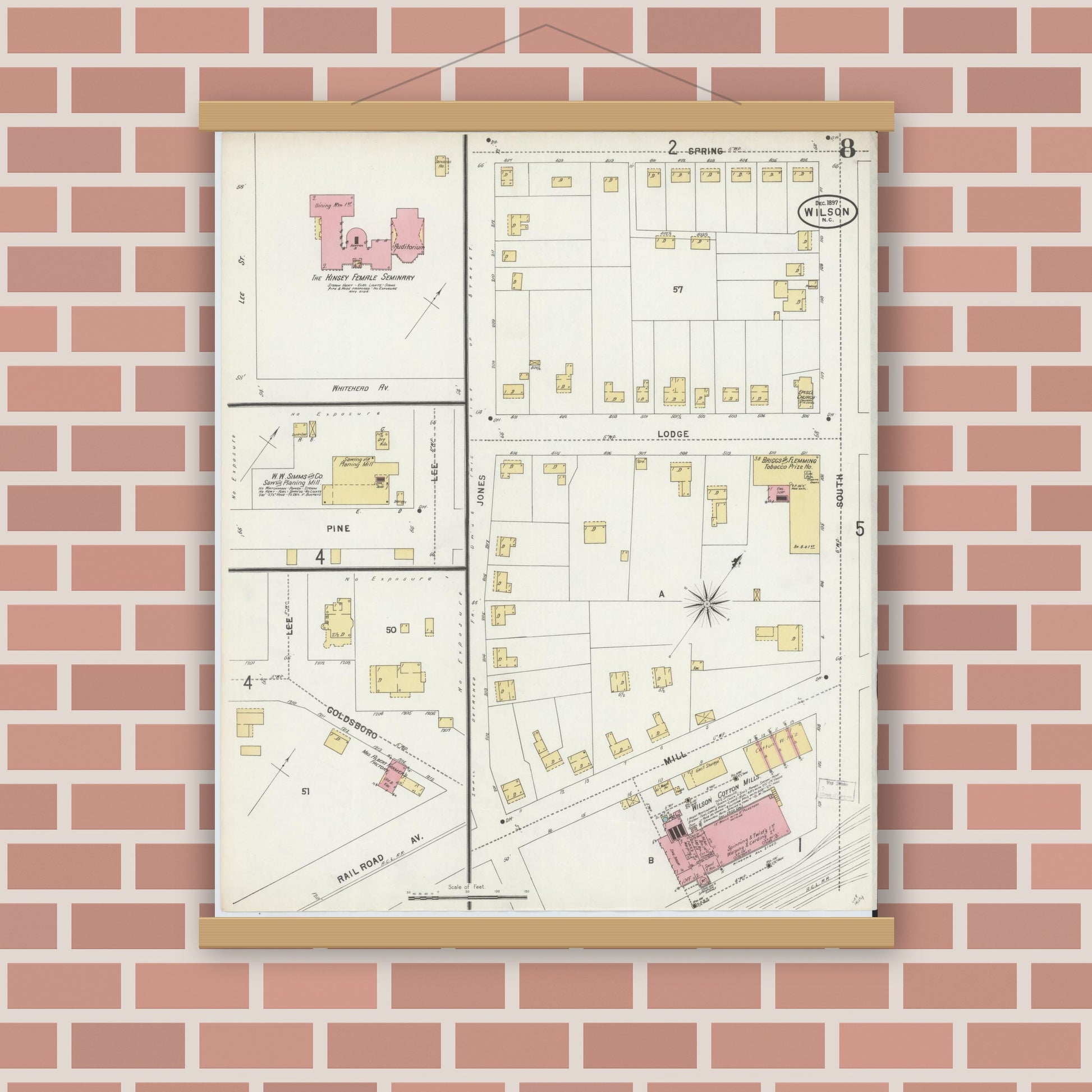 Old map wall art mockup — magnetic wood frame on brick wall — Sanborn Fire Insurance Map from Wilson, Wilson County, North Carolina (1897), Sheet #0008