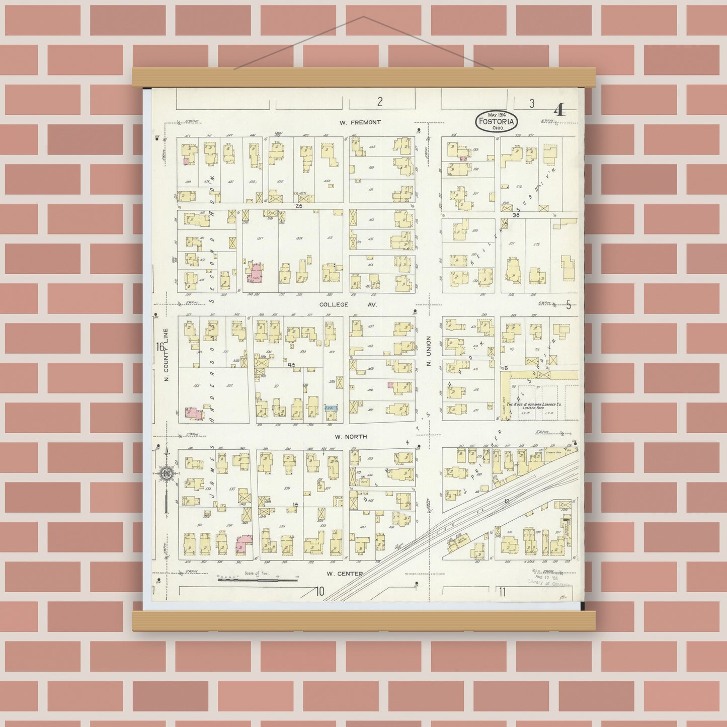 Old map wall art mockup — magnetic wood frame on brick wall — Sanborn Fire Insurance Map from Fostoria, Seneca, Hancock, And Wood Counties, Ohio (1914), Sheet #0004