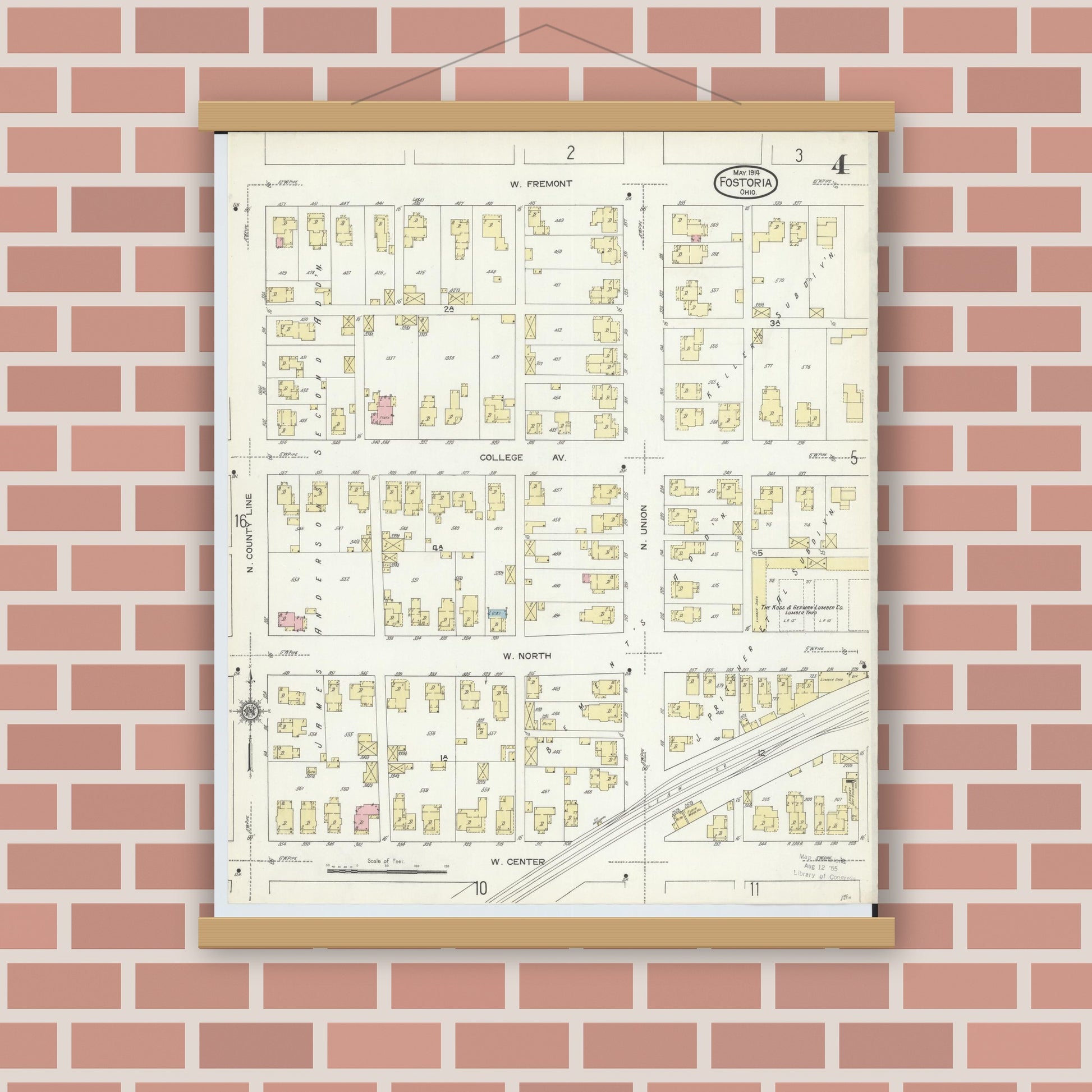 Old map wall art mockup — magnetic wood frame on brick wall — Sanborn Fire Insurance Map from Fostoria, Seneca, Hancock, And Wood Counties, Ohio (1914), Sheet #0004