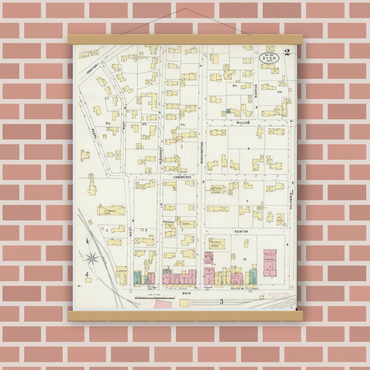 Old map wall art mockup — magnetic wood frame on brick wall — Sanborn Fire Insurance Map from Ayer, Middlesex County, Massachusetts (1897), Sheet #0002