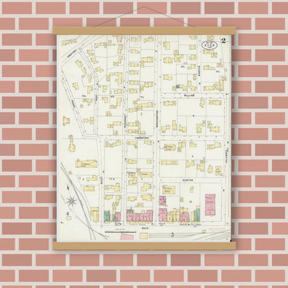 Old map wall art mockup — magnetic wood frame on brick wall — Sanborn Fire Insurance Map from Ayer, Middlesex County, Massachusetts (1897), Sheet #0002