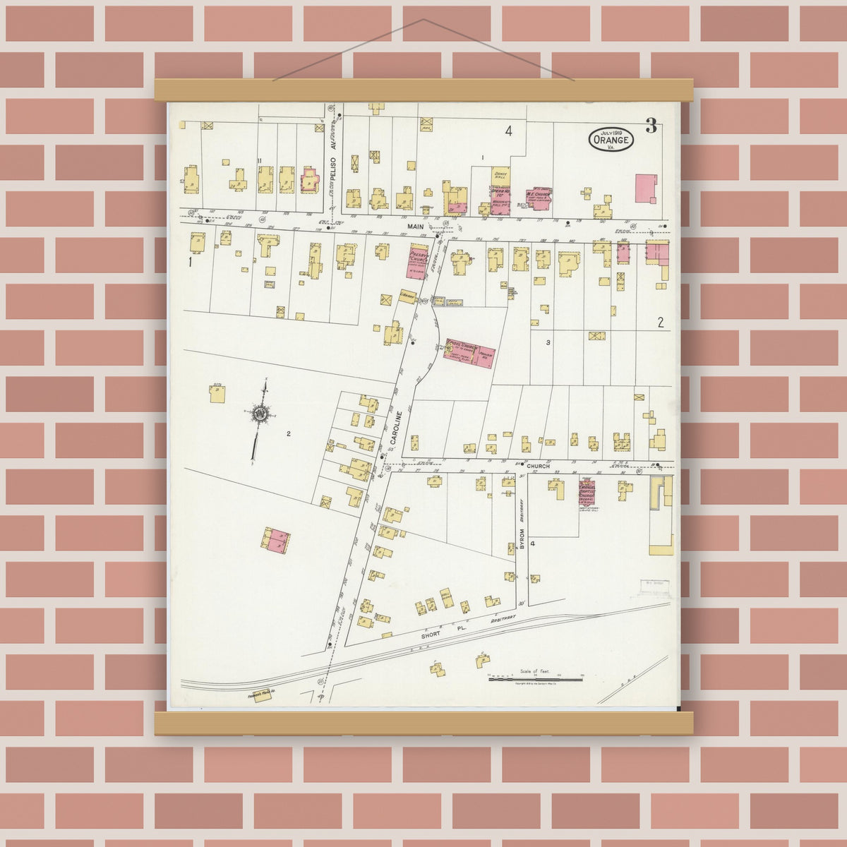 Old map wall art mockup — magnetic wood frame on brick wall — Sanborn Fire Insurance Map from Orange, Orange County, Virginia (1919), Sheet #0003